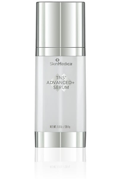 TNS advanced plus anti-aging product in silver and white serum bottle